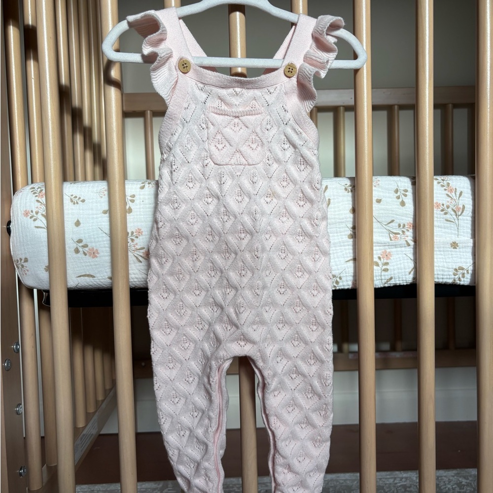 Ruffled Pink Knit Baby Overalls